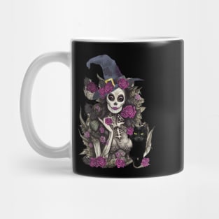 Witch and cat for cute Halloween, purple roses,scary, spooky Mug